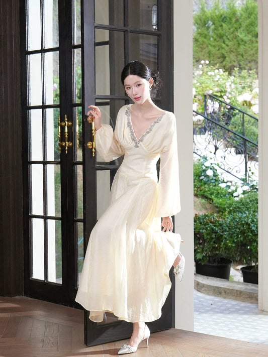 French Style A line V Neck Light Ivory With Long Sleeve Ideas For Women 21st Impress Birthday Dress Evening Night Outfit MP129