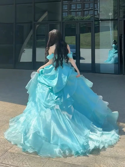 Cute Long Tiered Quinceañera Dresses Ball Gown Off The Shoulder With Short Sleeves Blue Quince Dress MP126