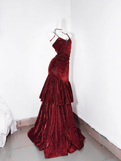 Robe de soirée courte sirène sexy à fines bretelles bordeaux à sequins, tenues de soirée MP166