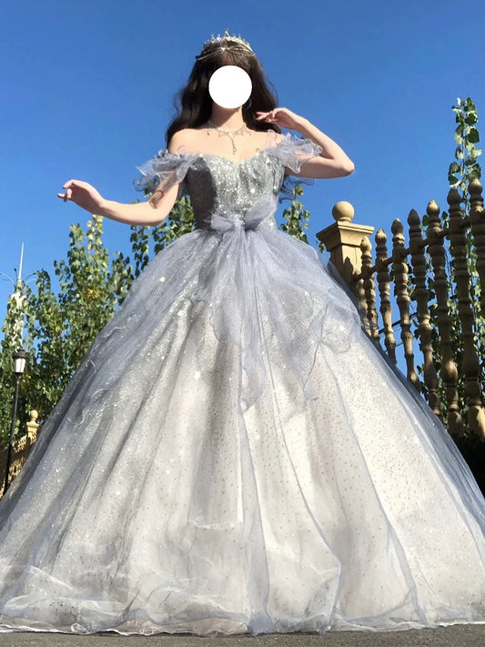 Elegantes Ballkleid schulterfrei, blau mit Paillettenärmeln, bodenlang, langes Abendkleid für Hochzeiten, Bankette, Abendgarderobe MP153