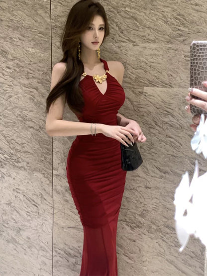 Simple Mermaid Jewel Neck Red Wedding Guest Dresses For Women Spring Party Dresses Night Evening Outfits MP179