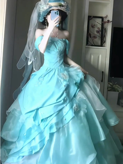 Sweet Long Tiered Quinceañera Dresses Ball Gown Off The Shoulder With Short Sleeves Blue Quince Dress MP157