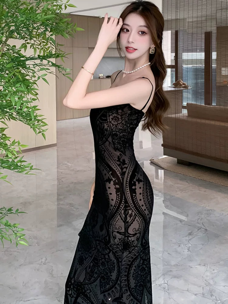 Robe de bal noire en dentelle avec bretelles fines sirène sexy pour femmes, tenues de soirée d'anniversaire longues MP193