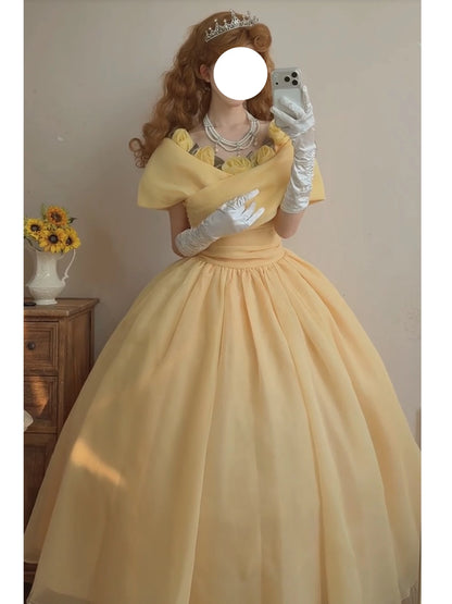 Sweet Long Tiered Quinceañera Dresses Ball Gown Off The Shoulder With Short Sleeves Yellow Floral Quince Dress MP158