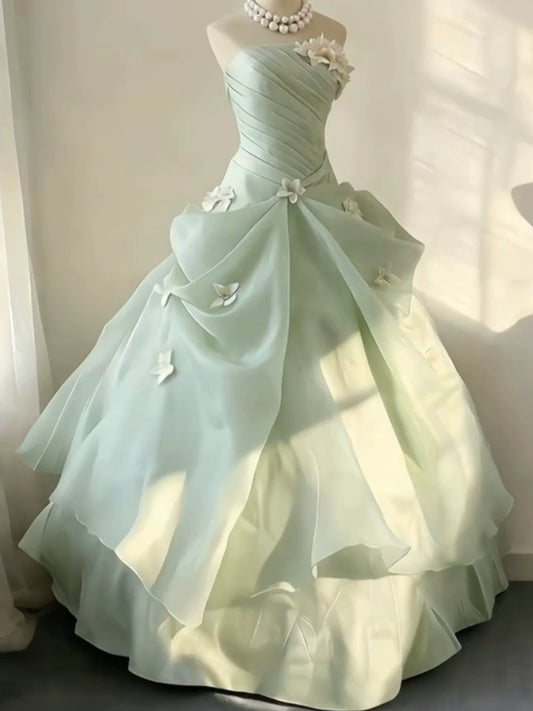 Elegante, lange, gestufte Quinceañera-Kleider, Ballkleid, trägerlos, mintgrün, Organza, langes Sweet-16-Kleid, Quince-Kleid MP156