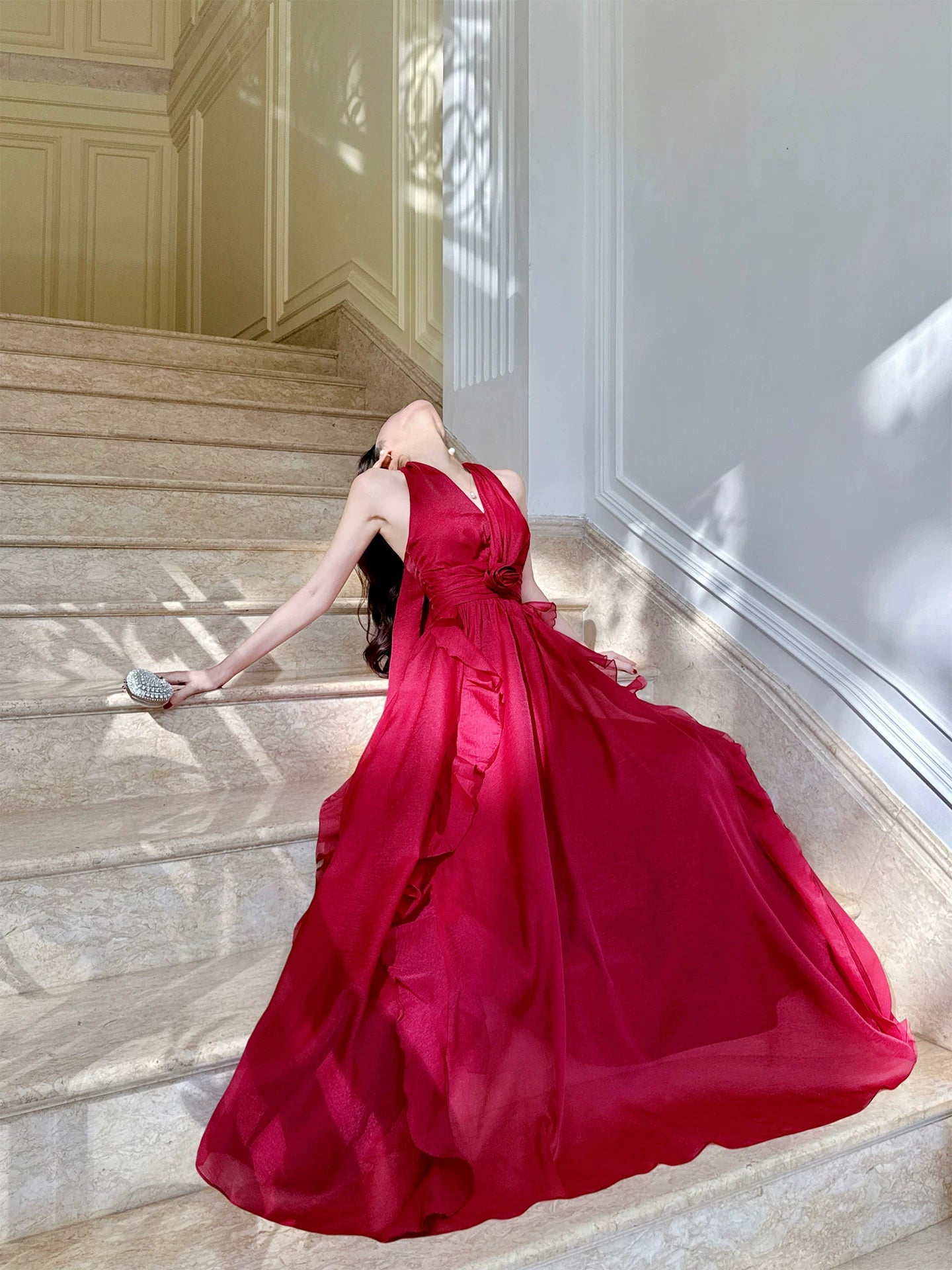 Simple A line French Style Halter Red Chiffon Ideas For Women 18th Impress Birthday Dress Evening Night Outfit MP143