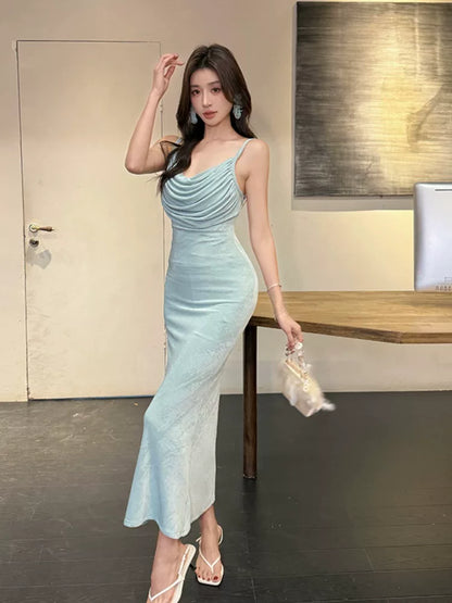Enges Spaghettiträger Brautjungfernkleid in Blau für Damen Partykleider Abend Outfits MP197