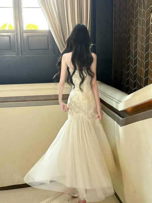 Elegant Mermaid Spaghetti Strap Gold Lace 18th Birthday Gown For Women Party Dresses Holiday Beach Outfits MP222