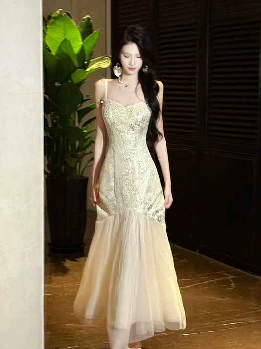 Elegant Mermaid Spaghetti Strap Gold Lace 18th Birthday Gown For Women Party Dresses Holiday Beach Outfits MP222