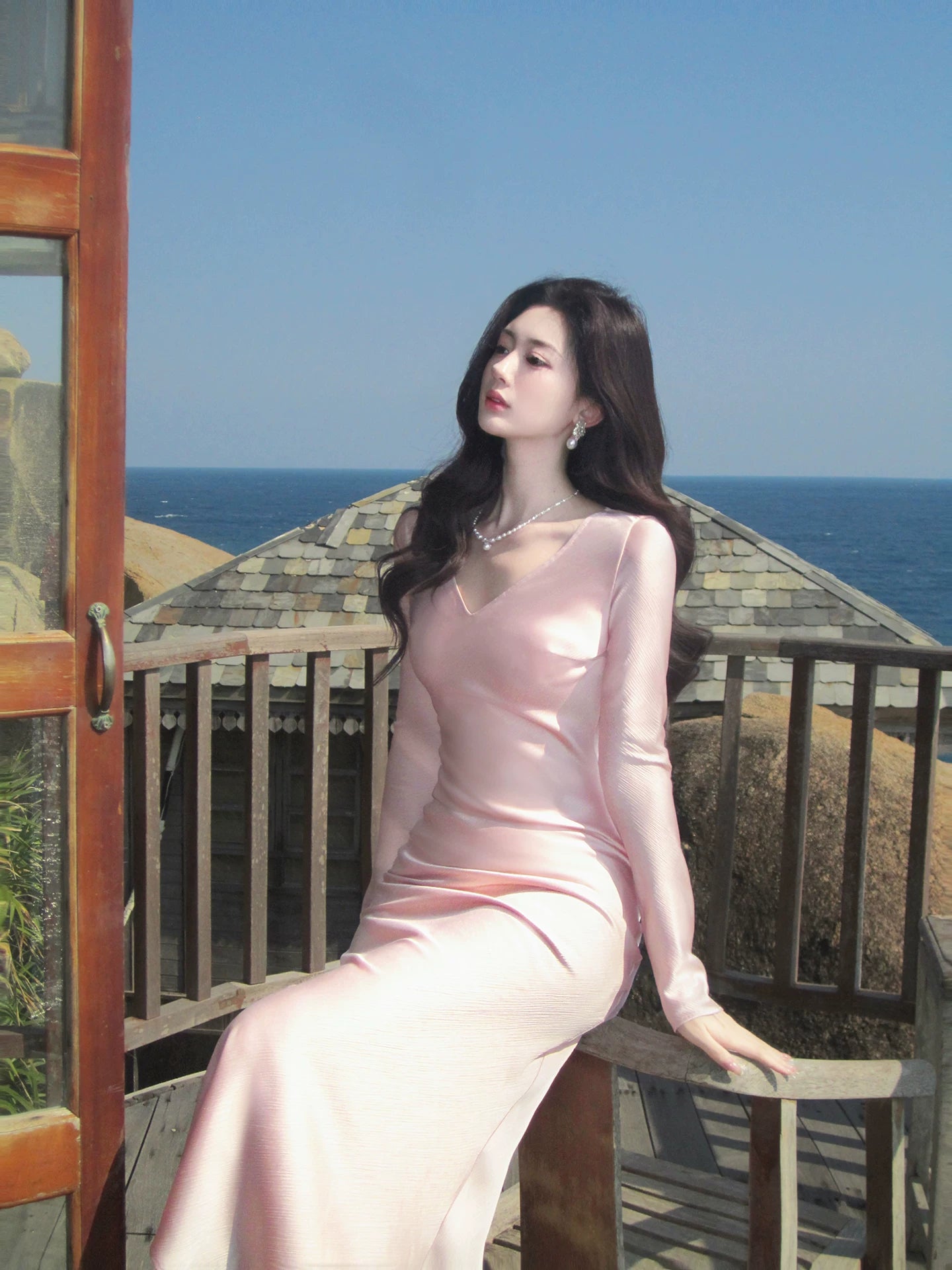 Simple Mermaid V Neck Pink With Long Sleeves Ideas For Women 18th Impress Summer Beach Prom Birthday Dresses Evening Night Outfit MP278