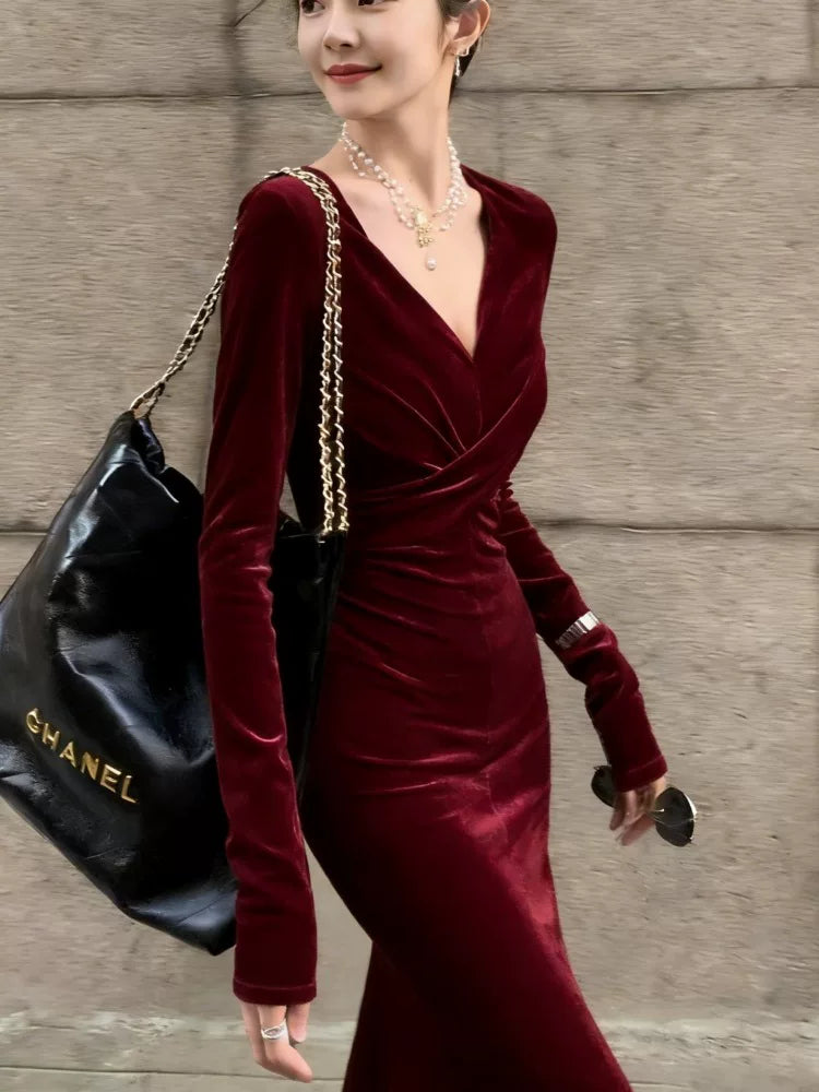 Robes de soirée en velours à col en V sexy pour femmes, robe de soirée longue, tenues de soirée MP174