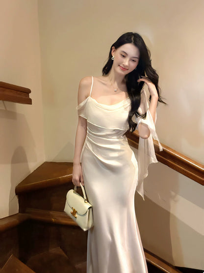 Sexy Mermaid Spaghetti Strap White Silky Satin Ideas For Women 21st Impress Birthday Dress Evening Night Outfits MP098