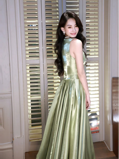 Simple A Line V Neckline Sage Green Satin Ideas For Women 18th Birthday Dress Prom Dresses MP093