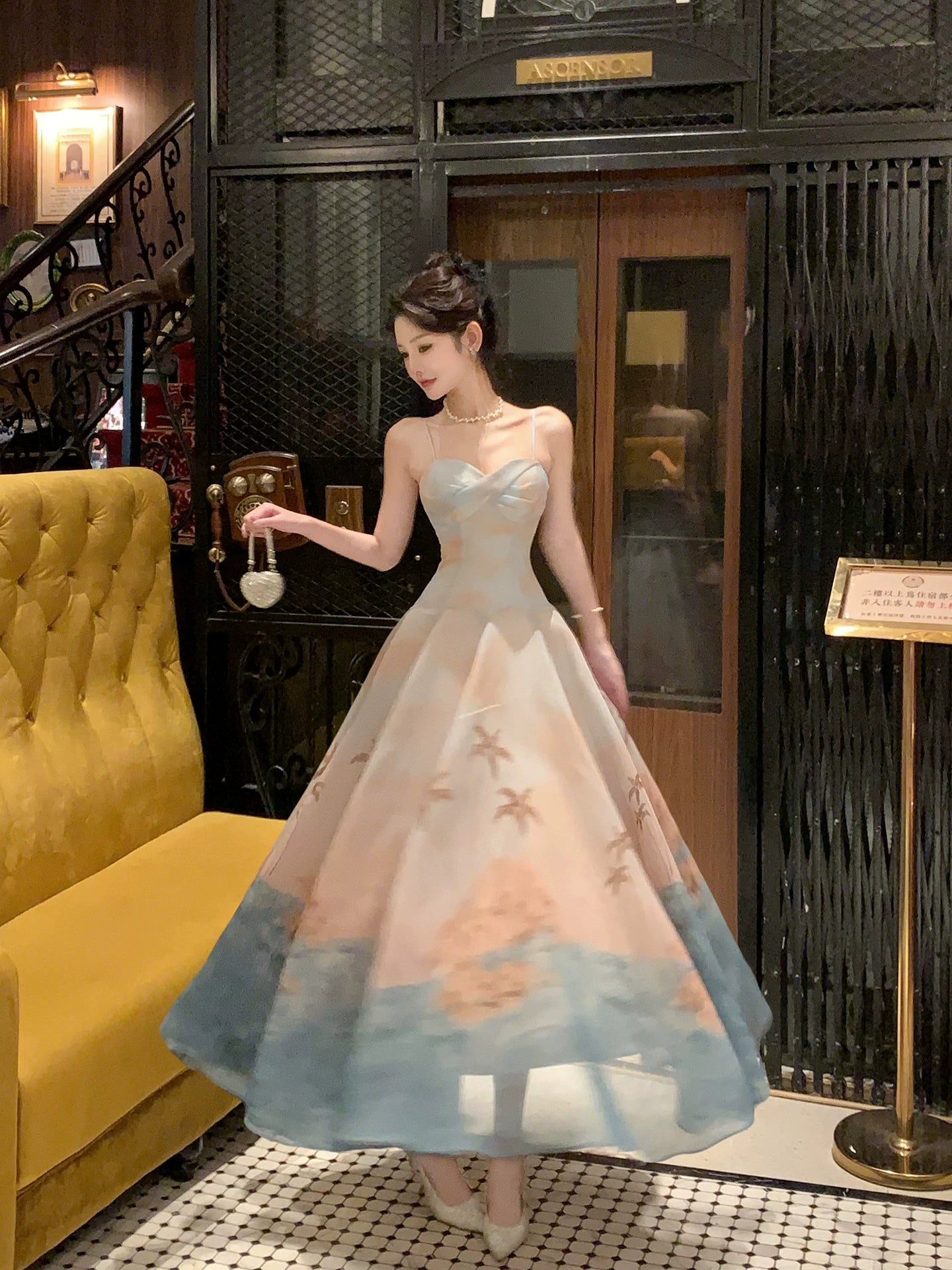 Cute A line French Style Spaghetti Strap Floral Blue Ideas For Women 18th Impress Birthday Dress Evening Night Outfit MP146