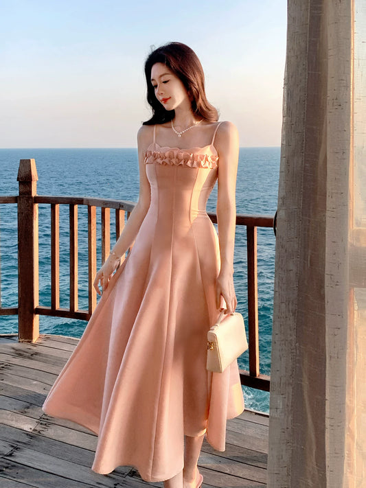 Französisch Stil A-Linie Spaghettiträger Rosa Satin Ideen für Damen 18. Geburtstag Beeindrucken Sommer Strand Abschlussball Kleider Abend Outfit MP271