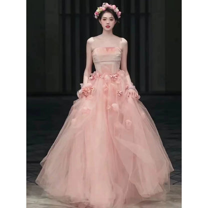 Süße, lange, gestufte Quinceañera-Kleider Ballkleid Trägerlos Rosa Mit gestuften Rüschen Quince Kleid MP161
