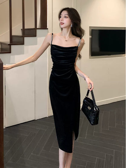 Sexy Sheath Spaghetti Strap Black Velvet Tea Length Birthday Gown For Women Party Dresses Holiday Beach Outfits MP184
