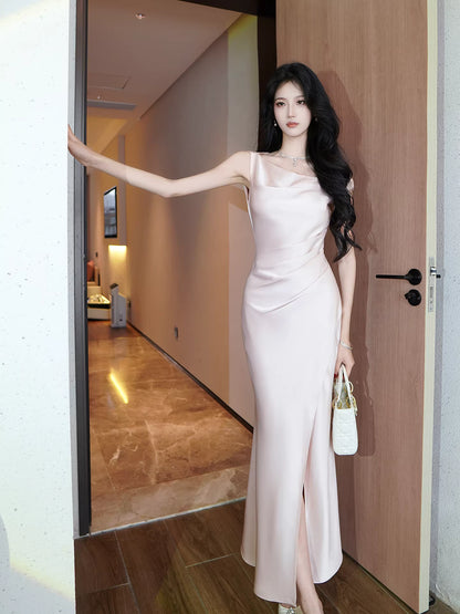 Sexy Meerjungfrau Neckholder Rosa Satin Sexy Ball für Frauen Partykleider Lange Abend-Outfits MP171