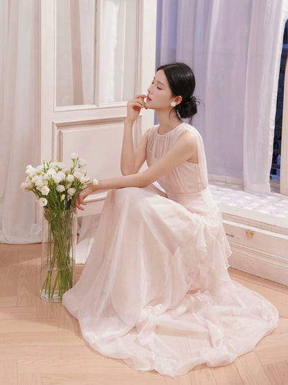 French Style A line Scoop Neck Light Pink Chiffon Ideas For Women 21st Impress Birthday Dress Evening Night Outfit MP128