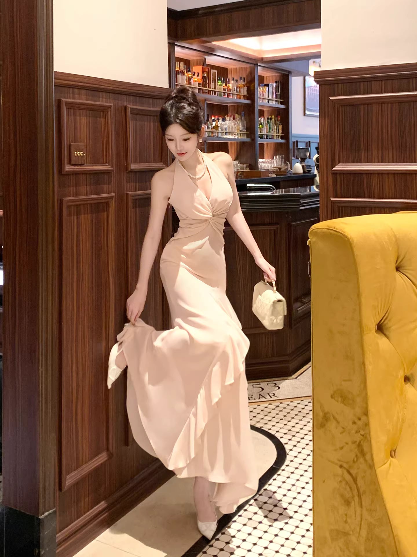Meerjungfrauenkleid im französischen Stil, Neckholder, rosa Chiffon-Lagen, für Damen, Partykleid, lange Abendgarderobe MP169