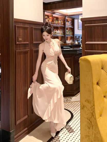 Meerjungfrauenkleid im französischen Stil, Neckholder, rosa Chiffon-Lagen, für Damen, Partykleid, lange Abendgarderobe MP169