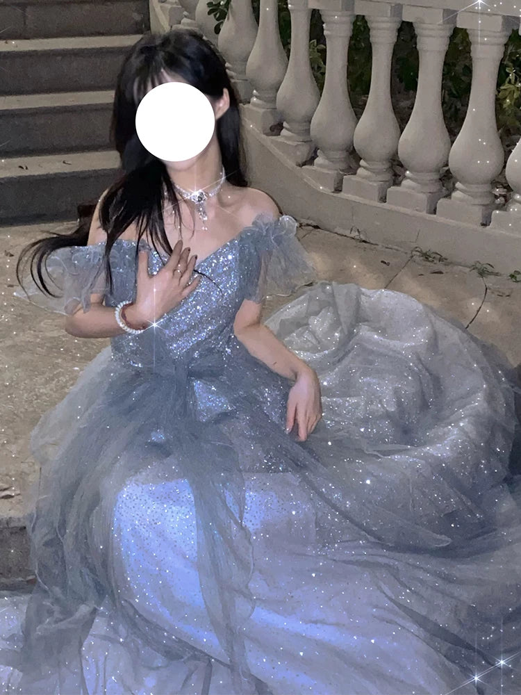 Elegant Ball Gown Off The Shoulder Blue With Sequin Sleeves Full Length Long Evening Gown Wedding Banquets Night Dresses MP153