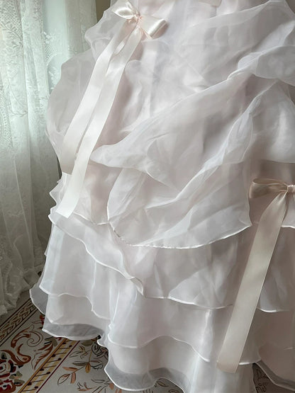 Niedliche lange, gestufte Quinceañera-Kleider, Ballkleid, trägerlos, perlmuttrosa Organza, langes Sweet 16 Kleid, Quinceañera-Kleid MP155