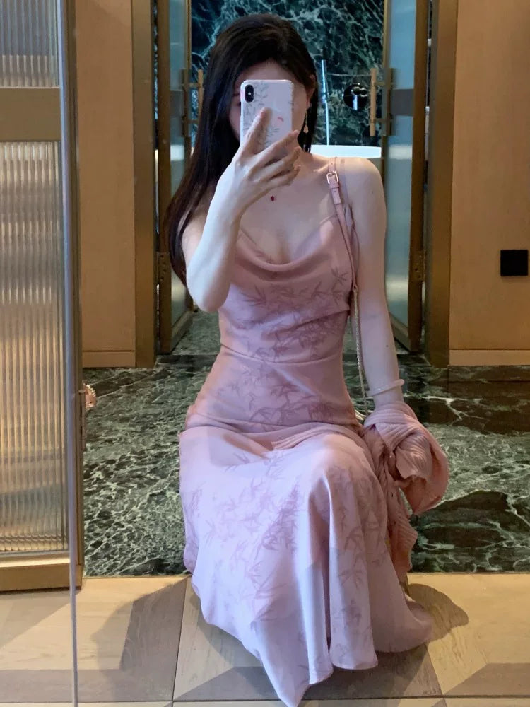 Robe longue de soirée rose florale sexy moulante à bretelles spaghetti pour femmes Robes de fête Tenues de plage de vacances MP182