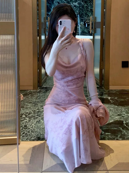 Robe longue de soirée rose florale sexy moulante à bretelles spaghetti pour femmes Robes de fête Tenues de plage de vacances MP182