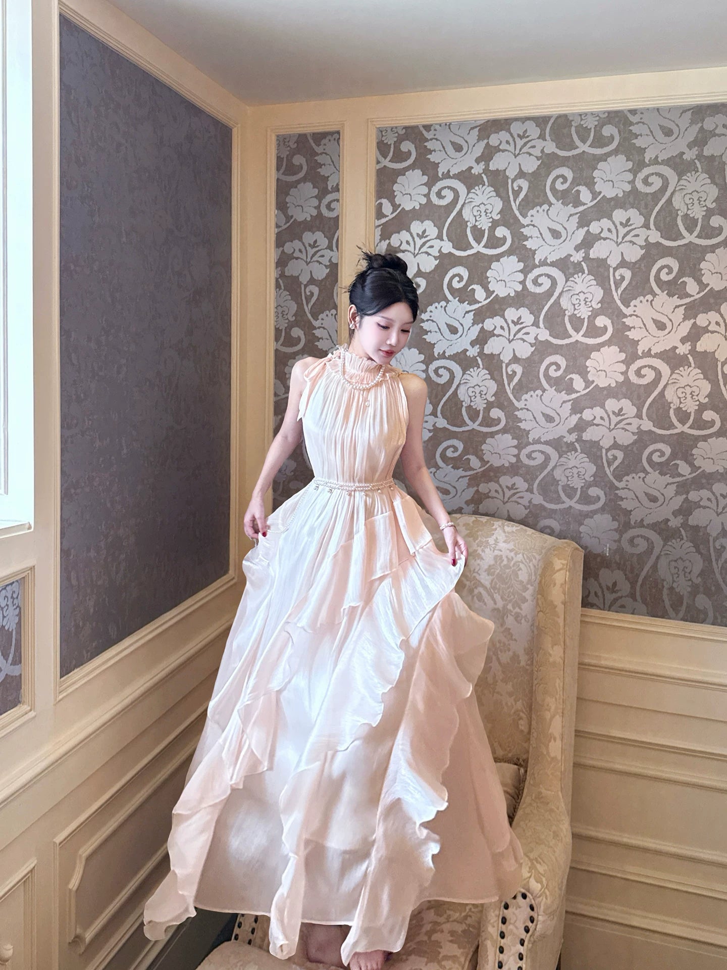 Robe longue rose style décontracté à col haut et ligne A pour femme, idéale pour un 18e anniversaire, une soirée ou une sortie, MP148