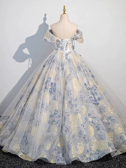 Cute Long Tiered Quinceañera Dresses Ball Gown Off The Shoulder Blue With Short Sleeves Floral Quince Dress MP152