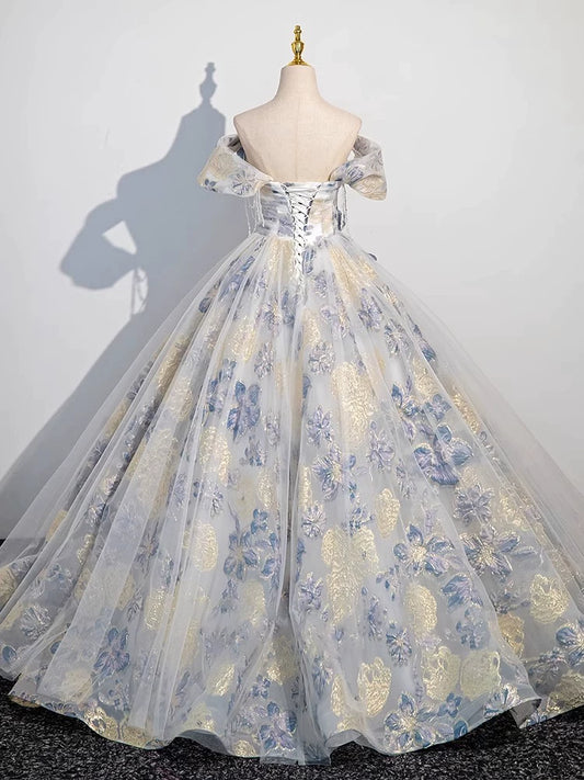 Niedliche lange, gestufte Quinceañera-Kleider, Ballkleid, schulterfrei, blau mit kurzen Ärmeln, geblümtes Quince-Kleid MP152