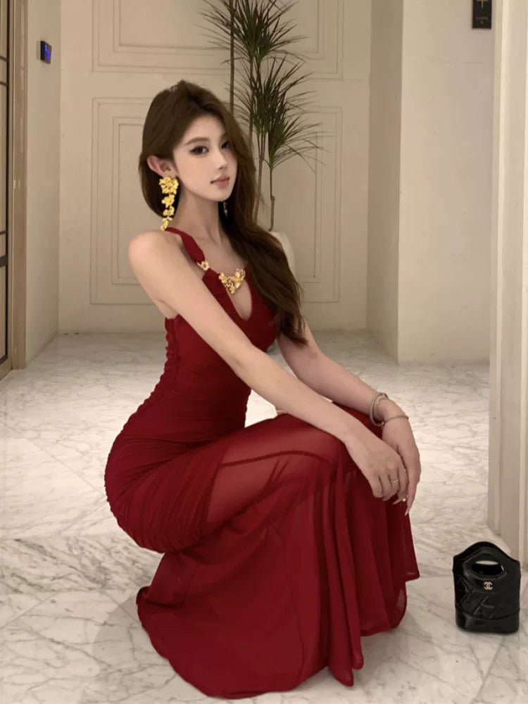 Simple Mermaid Jewel Neck Red Wedding Guest Dresses For Women Spring Party Dresses Night Evening Outfits MP179