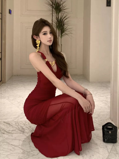 Simple Mermaid Jewel Neck Red Wedding Guest Dresses For Women Spring Party Dresses Night Evening Outfits MP179