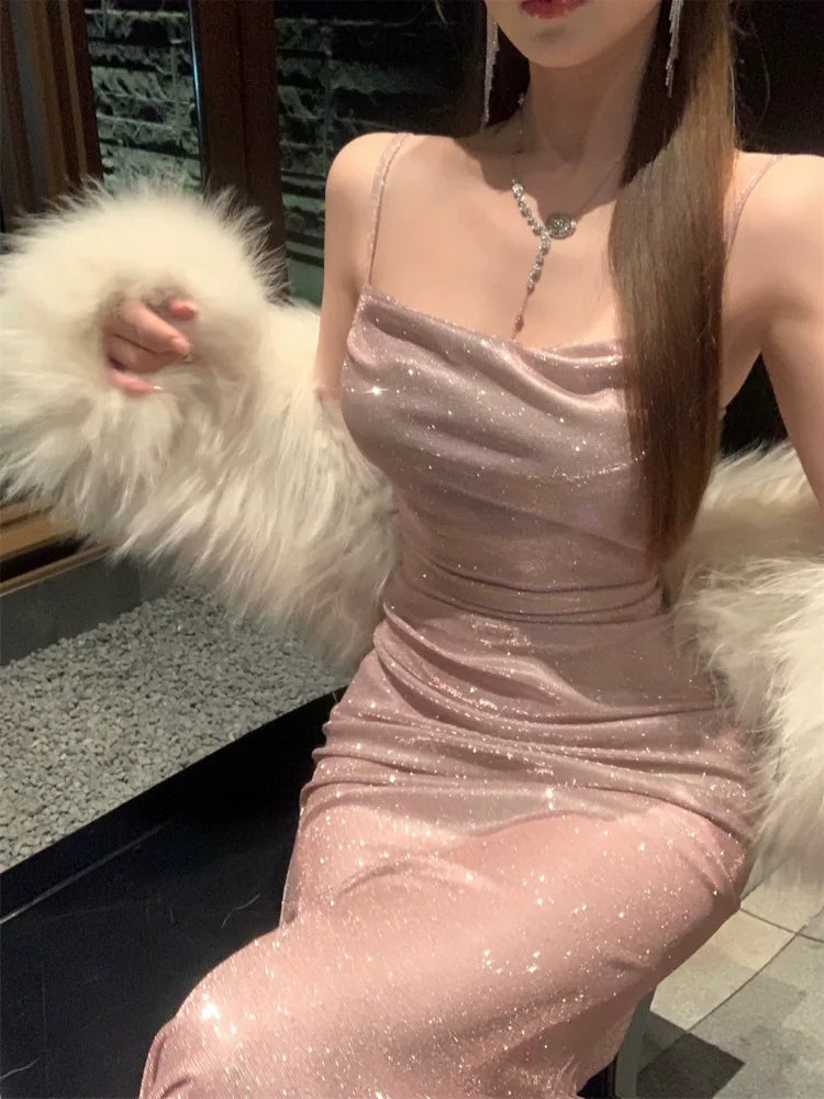 Robe de soirée sirène simple à fines bretelles rose poudré à sequins et longueur ras du sol pour femme – tenues de fête, de vacances, de plage MP188
