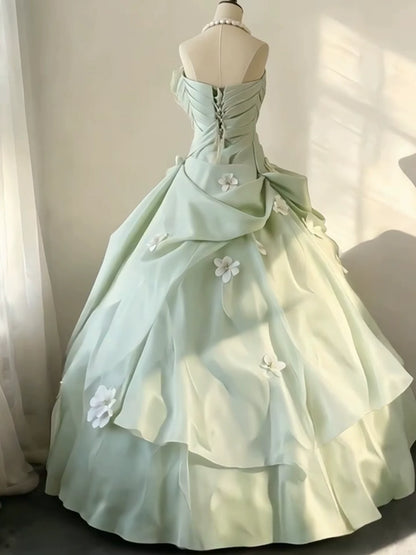 Elegant Long Tiered Quinceañera Dresses Ball Gown Strapless Mint Green Organza Long Sweet 16 Gown Quince Dress MP156