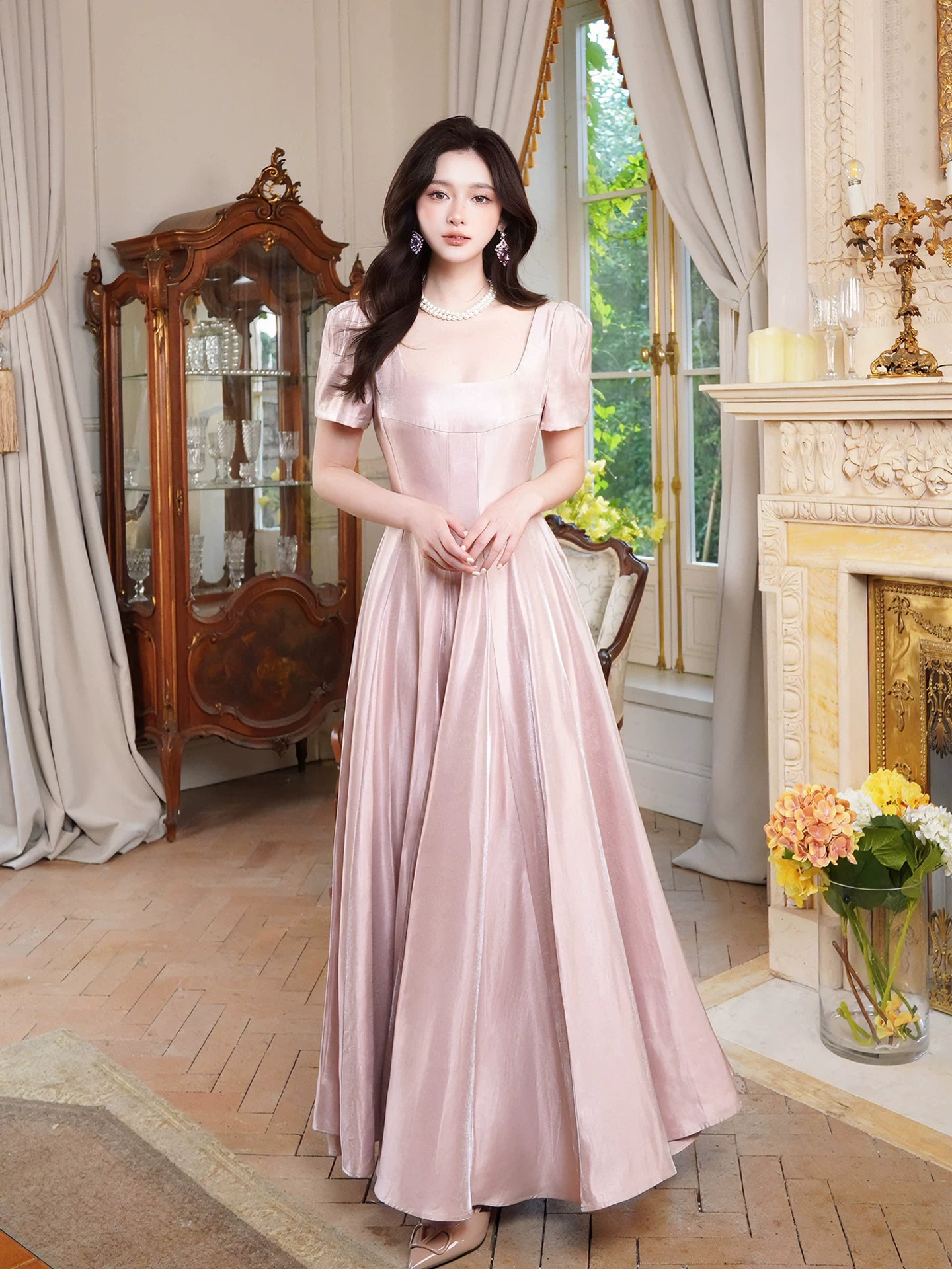 French Style Casual A line Square Neck Short Sleeves Pink Satin Ideas For Women 21st Impress Birthday Dress Evening Night Outfits MP133