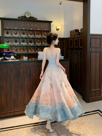 Cute A line French Style Spaghetti Strap Floral Blue Ideas For Women 18th Impress Birthday Dress Evening Night Outfit MP146