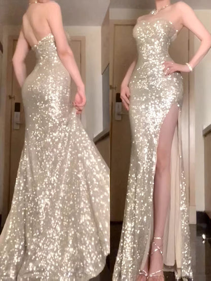 Sexy Meerjungfrau Trägerloses Champagner Pailletten Schlitz Partykleid Lange Abendgarderobe MP167