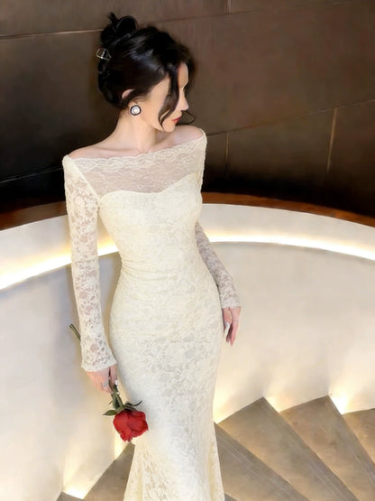 Sexy Mermaid Bateau Neck Long Sleeves Grape Wedding Guest Dresses For Women Spring Party Dresses Night Evening Outfits MP175