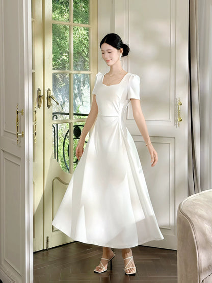 Robe Décontractée Coupe A-ligne Ivoire Style Français À Manches Courtes Longueur Cheville En Satin Idées Pour Femmes 21ème Anniversaire Impressionnant Robe Soirée Tenues De Soirée MP134