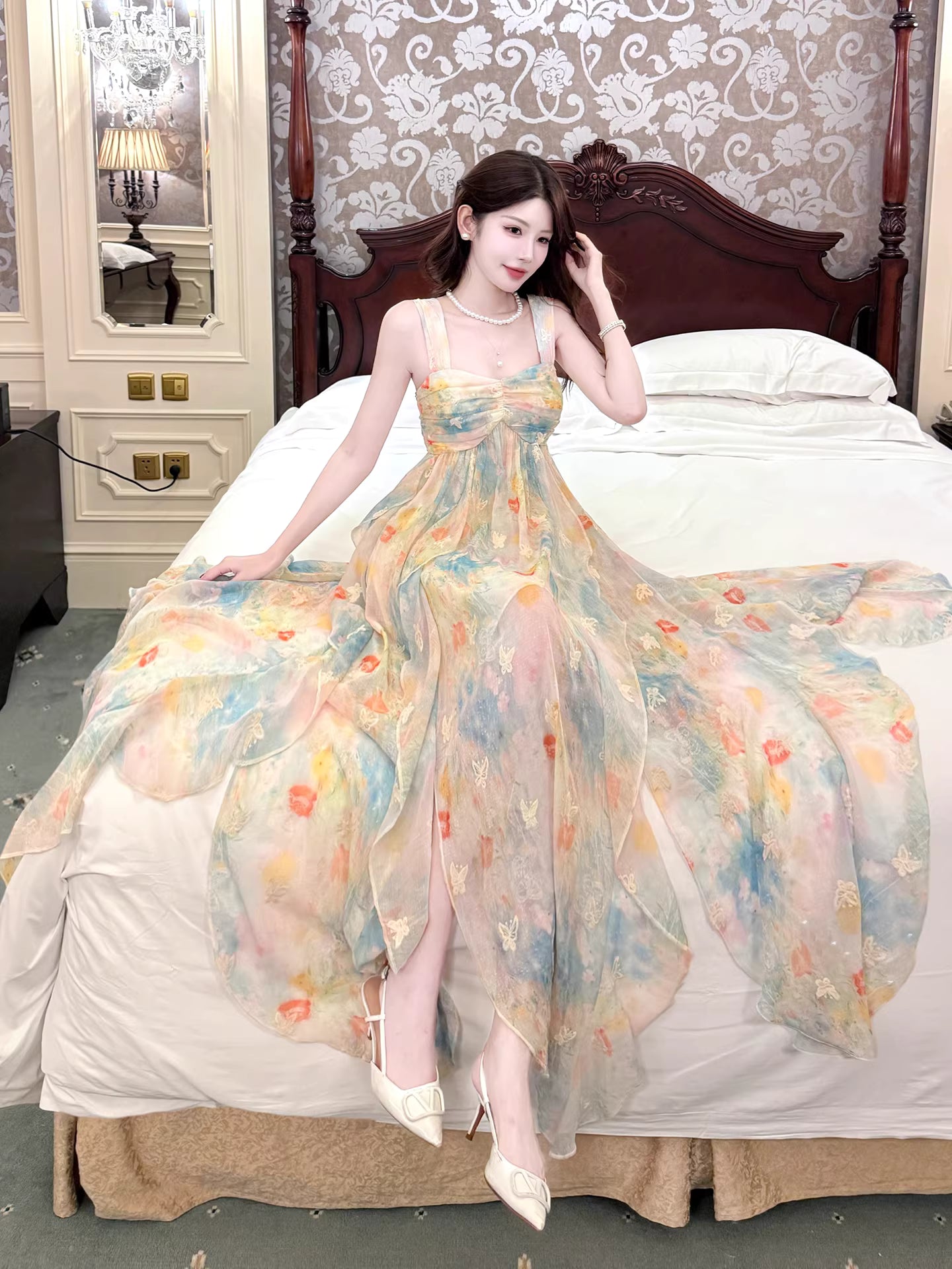 French Style A line Sweetheart Floral Chiffon Layers For Women Party Dress Long Night Evening Outfits MP170