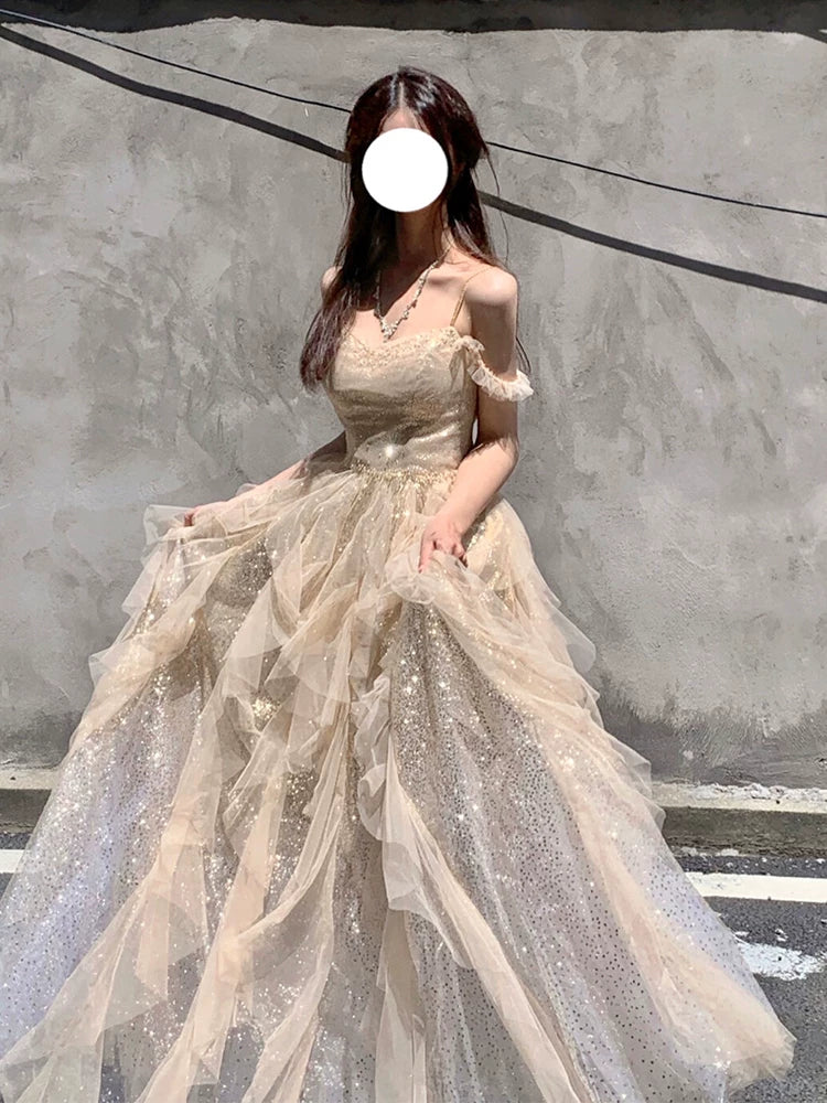 Elegant Ball Gown Spaghetti Strap Champagne Full Length Sequin Long Evening Gown Wedding Banquets Night Dresses MP160