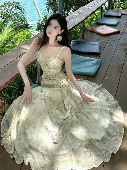 Charming Mermaid Spaghetti Strap Green Floral Chiffon 18th Birthday Gown For Women Party Dresses Holiday Beach Outfits MP214