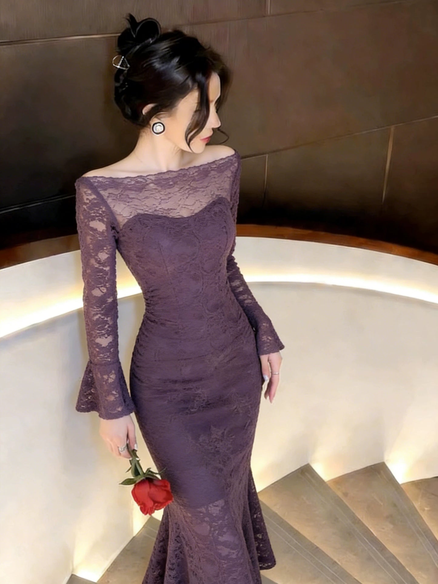 Sexy Mermaid Bateau Neck Long Sleeves Grape Wedding Guest Dresses For Women Spring Party Dresses Night Evening Outfits MP175