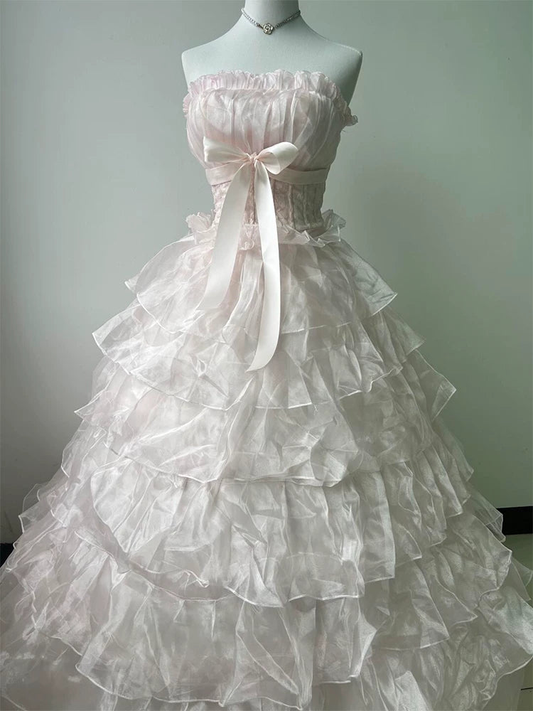 Cute Long Tiered Quinceañera Dresses Ball Gown Strapless Pearl Pink Long Sweet 16 Gown Quince Dress MP153