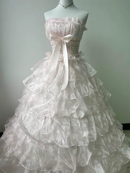 Cute Long Tiered Quinceañera Dresses Ball Gown Strapless Pearl Pink Long Sweet 16 Gown Quince Dress MP153