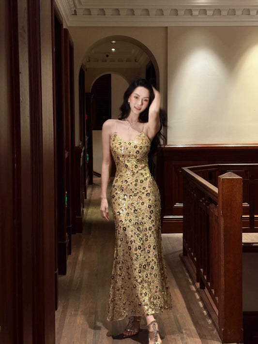 Sparkly Mermaid Spaghetti Strap Gold Sequin Ideas For Women 21st Impress Birthday Dress Evening Night Outfit MP099