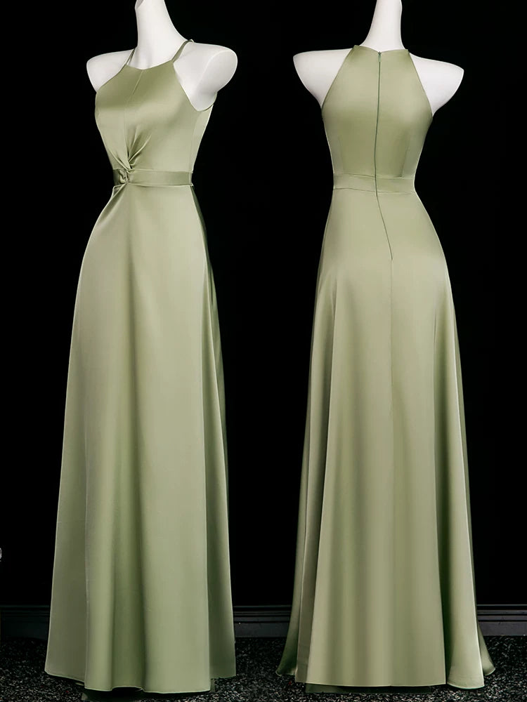 Simple A line Halter Olive Green Satin Floor Length Spring Summer Bridesmaid Dresses MP164