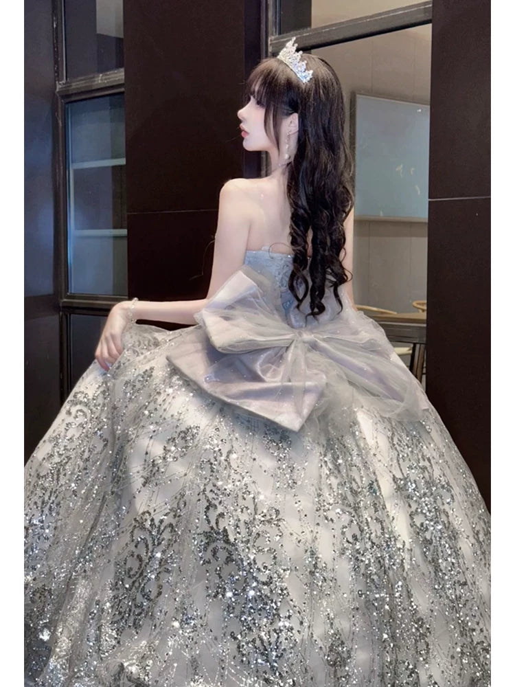 Sparkly Long Tiered Quinceañera Dresses Ball Gown Sweetheart Silver Gray Sequin Quince Dress MP125